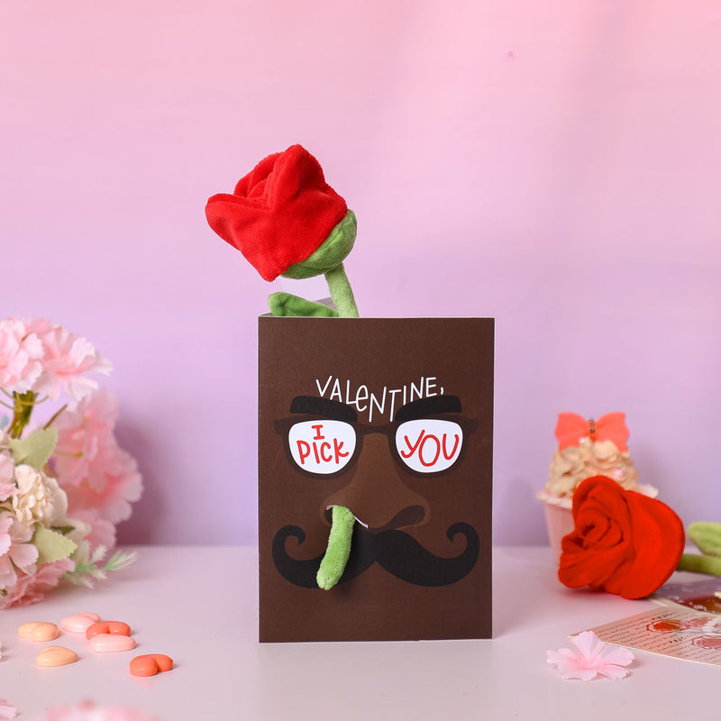 Valentine's Day Plush Rose "I PICK YOU" Funny Greeting Card-Brown